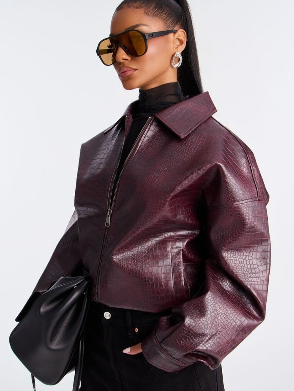 Womens Croc-Embossed Zip Front Jacket - Burgundy